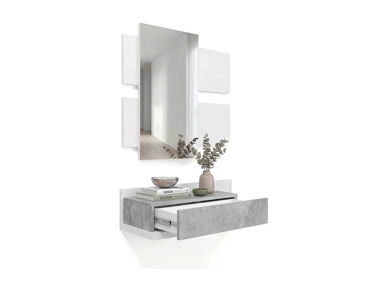 Mueble recibidor con 1 cajón y espejo en blanco mate y gris cemento 75 cm Milo Blanco Artik (Blanco Mate) - Gris Cemento