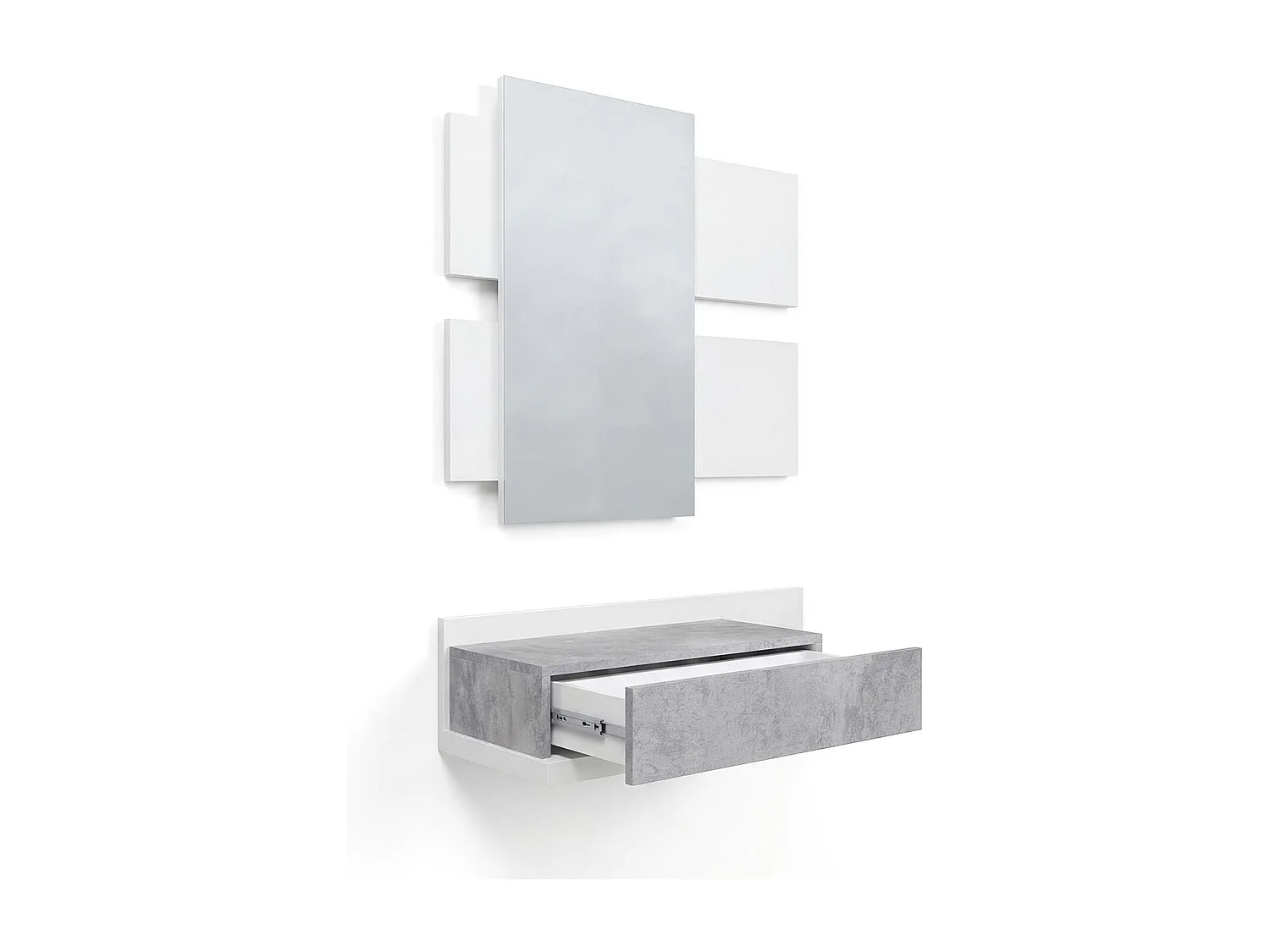 Mueble recibidor con 1 cajón y espejo en blanco mate y gris cemento 75 cm Milo Blanco Artik (Blanco Mate) - Gris Cemento
