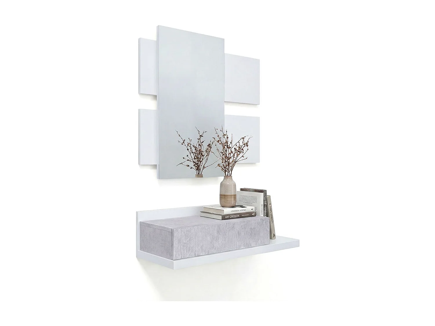 Mueble recibidor con 1 cajón y espejo en blanco mate y gris cemento 75 cm Milo Blanco Artik (Blanco Mate) - Gris Cemento