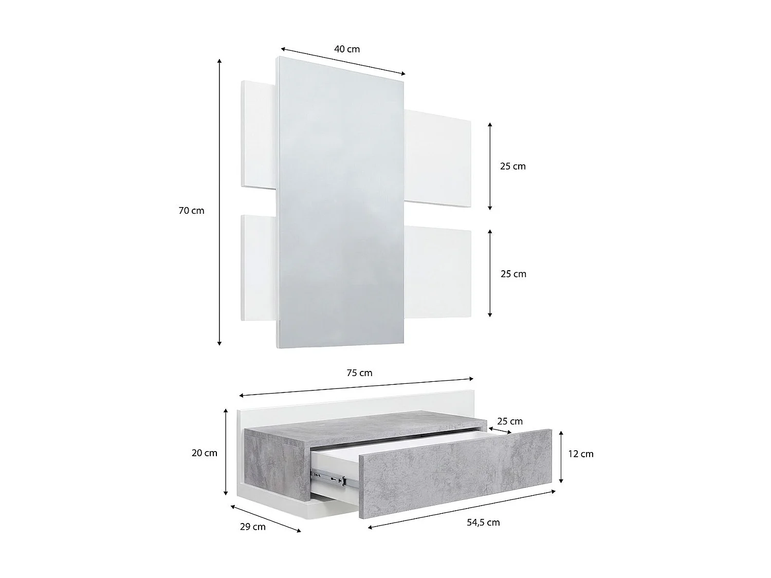 Mueble recibidor con 1 cajón y espejo en blanco mate y gris cemento 75 cm Milo Blanco Artik (Blanco Mate) - Gris Cemento