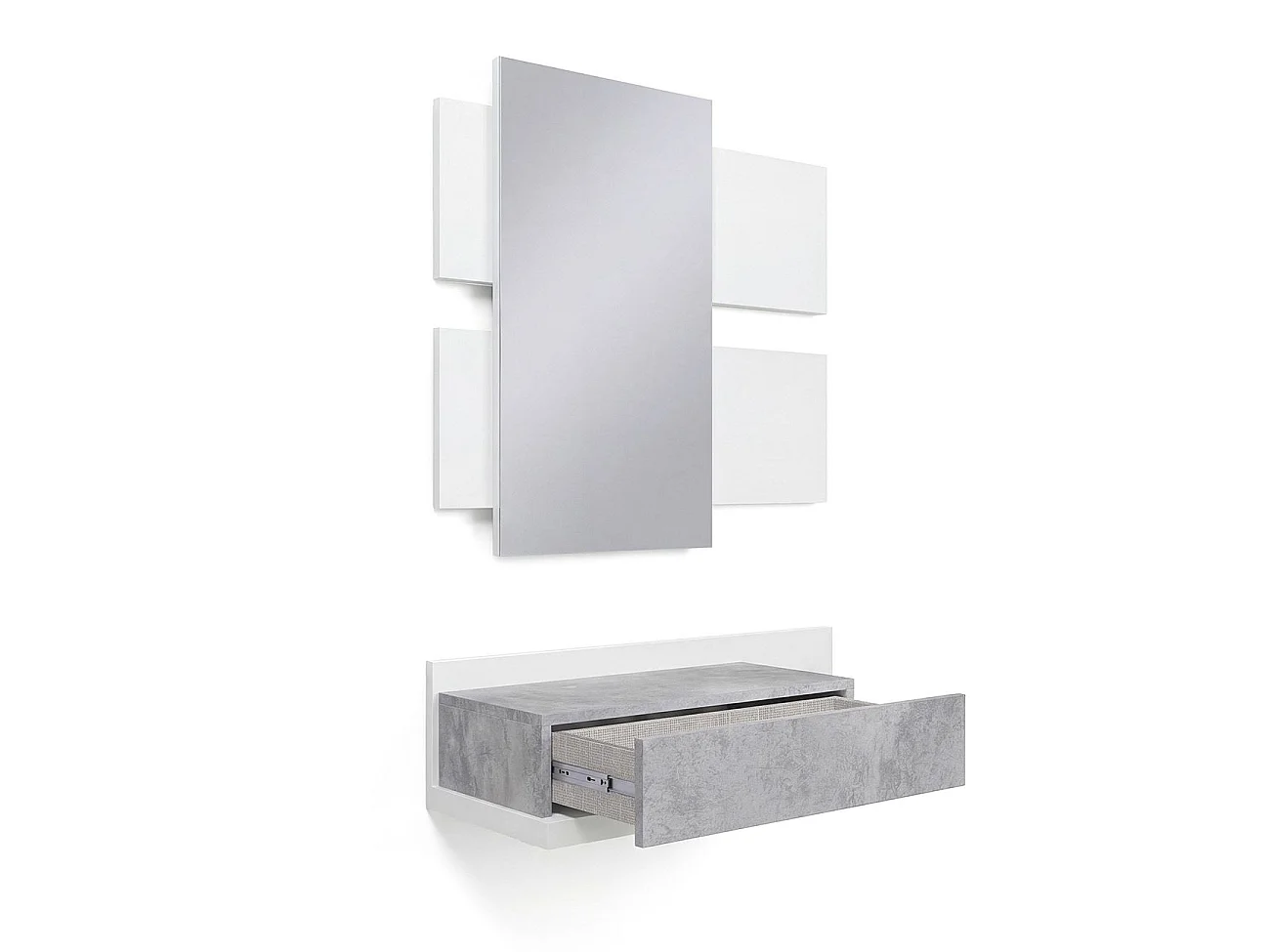 Mueble recibidor con 1 cajón y espejo en blanco artik y gris cemento 75 cm Milo Blanco Artik (Blanco Mate) - Gris Cemento
