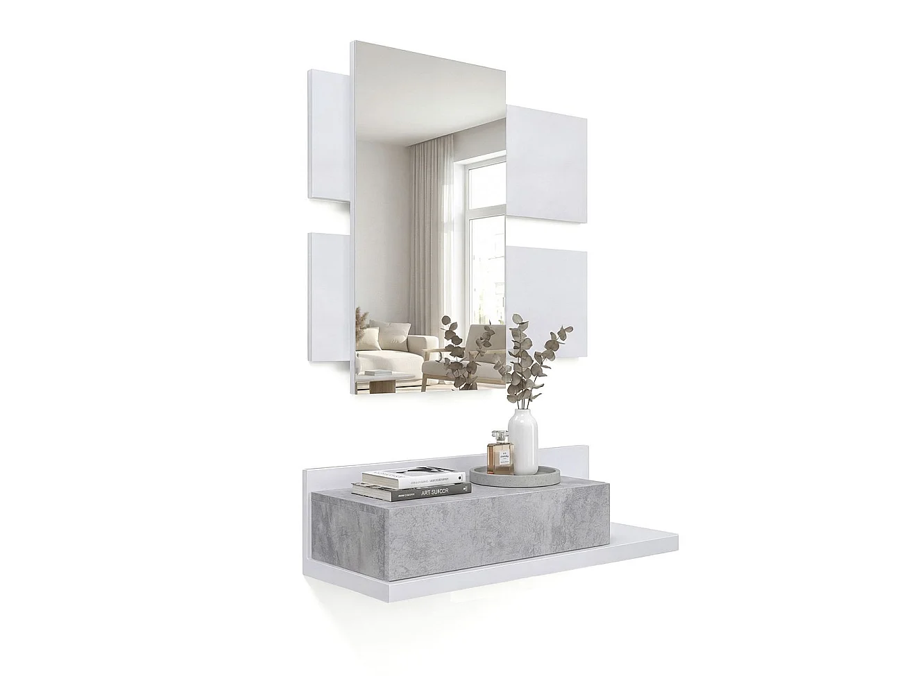 Mueble recibidor con 1 cajón y espejo en blanco artik y gris cemento 75 cm Milo Blanco Artik (Blanco Mate) - Gris Cemento