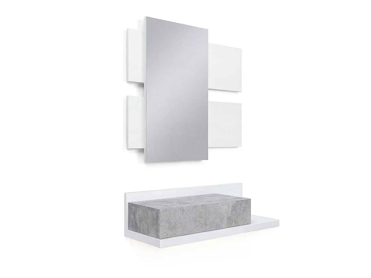 Mueble recibidor con 1 cajón y espejo en blanco artik y gris cemento 75 cm Milo Blanco Artik (Blanco Mate) - Gris Cemento