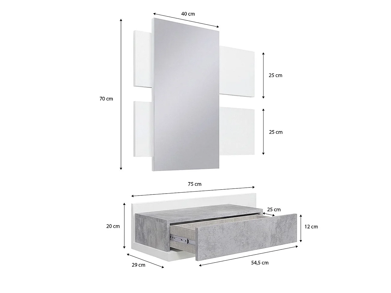Mueble recibidor con 1 cajón y espejo en blanco artik y gris cemento 75 cm Milo Blanco Artik (Blanco Mate) - Gris Cemento