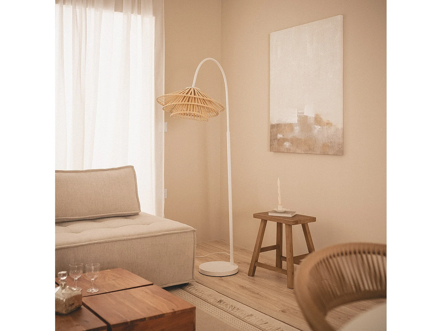 Lampadaire Métal et Bambou Ailén Blanc