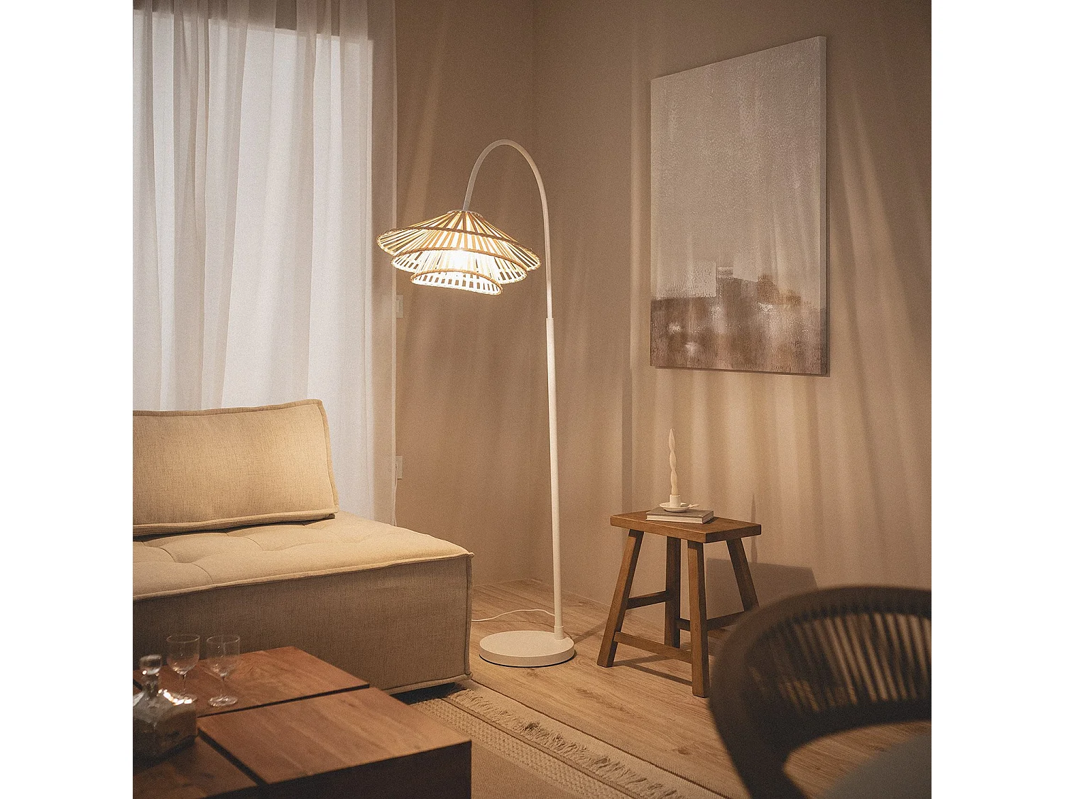 Lampadaire Métal et Bambou Ailén Blanc