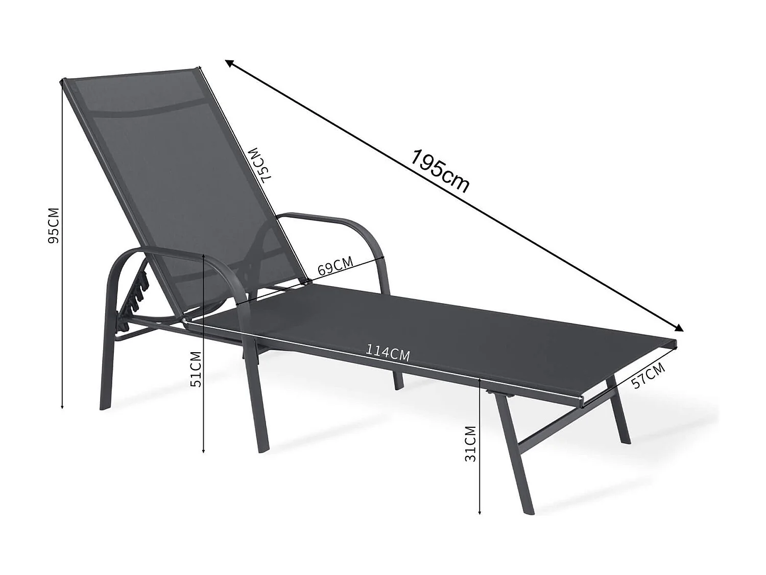 Sdraio Rebecca Mobili Oriri 95x195x69 Acciaio Poliestere Grigio Scuro Nero Moderno