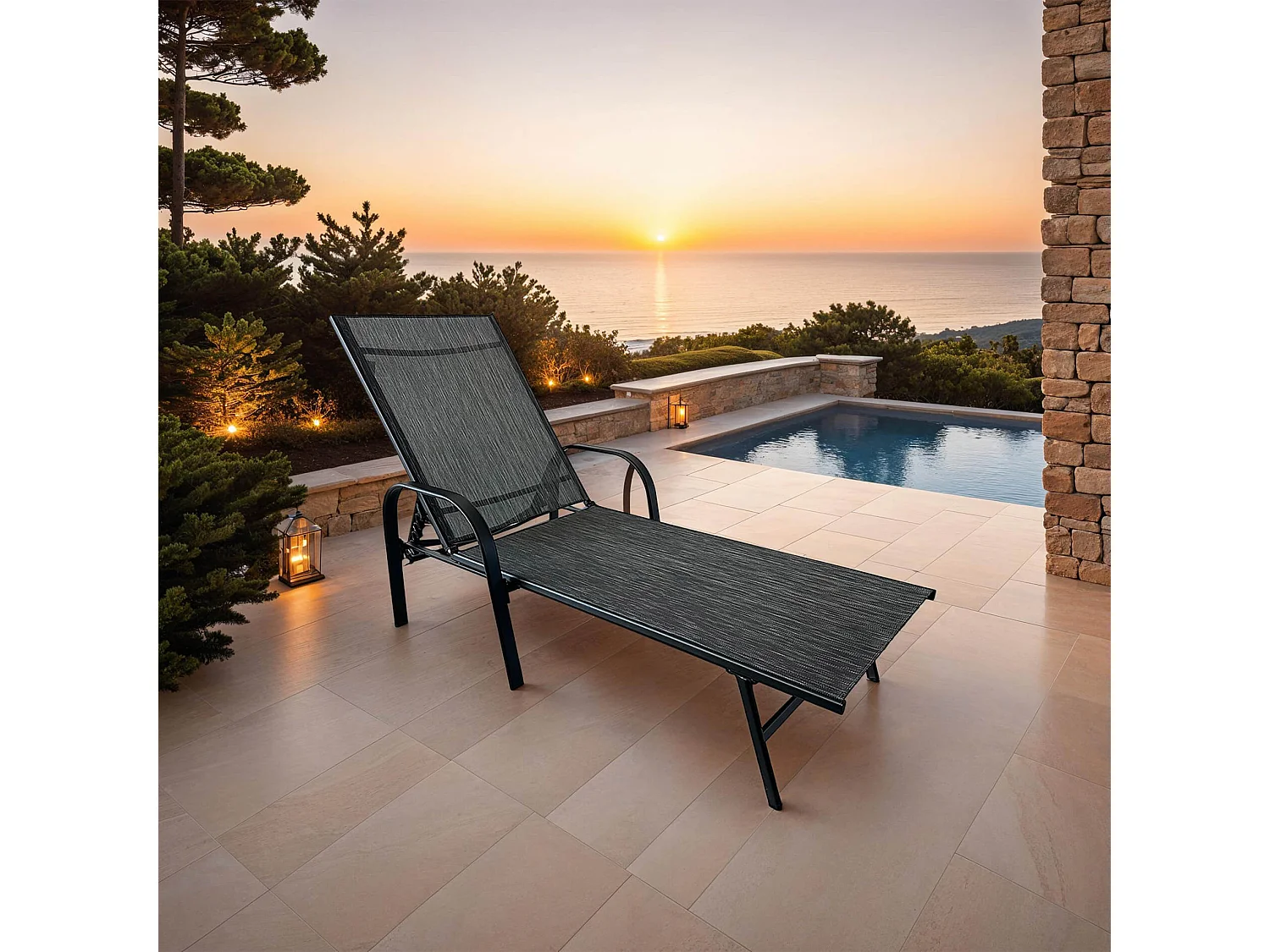 Chaise Longue Rebecca Mobili Oriri 95x195x69 Acier Polyester Gris Foncé Noir Moderne