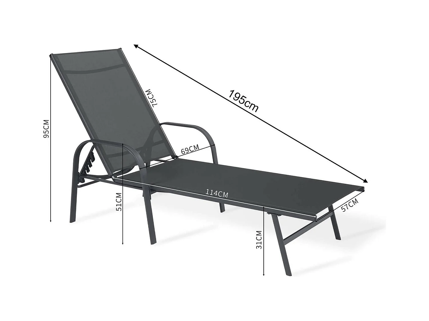 Sdraio Rebecca Mobili Darkin 95x195x69 Acciaio Poliestere Grigio Chiaro Antracite Moderno