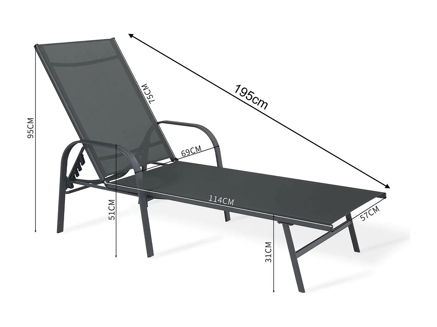 Chaise Longue Rebecca Mobili Darkin 95x195x69 Acier Polyester Gris Clair Anthracite Moderne