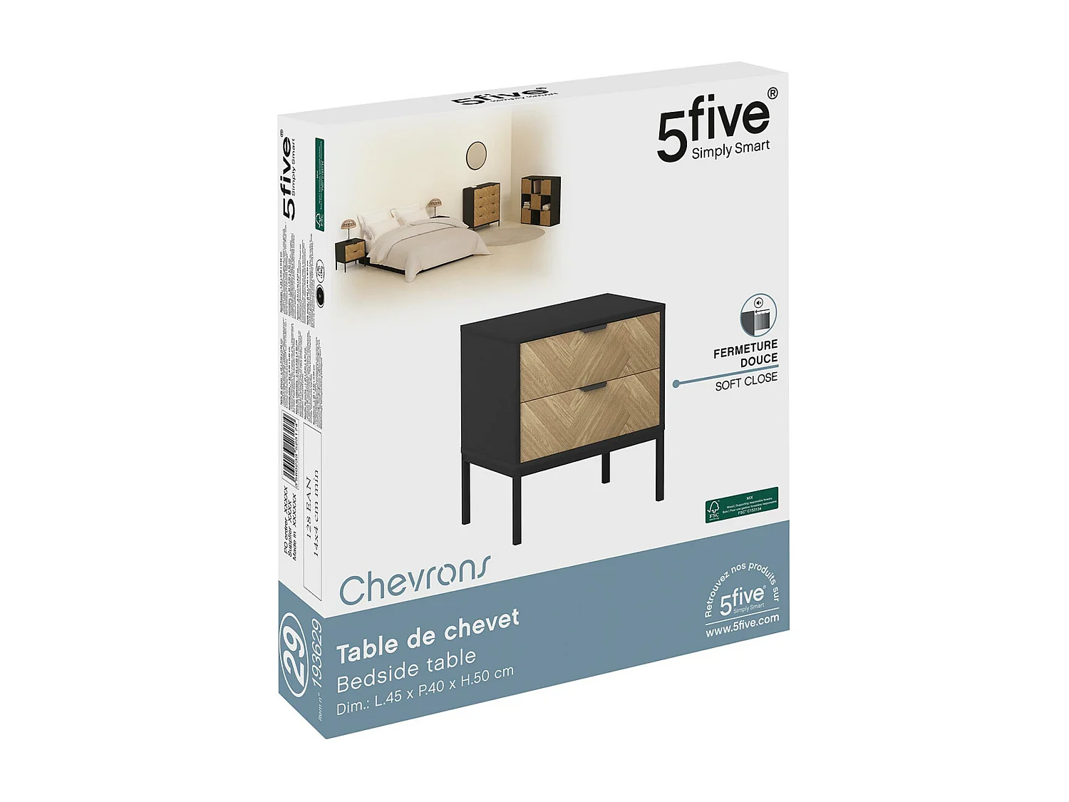 Table d'appoint Table de chevet en métal noir et tiroirs aspect chevron 50 x 40 cm