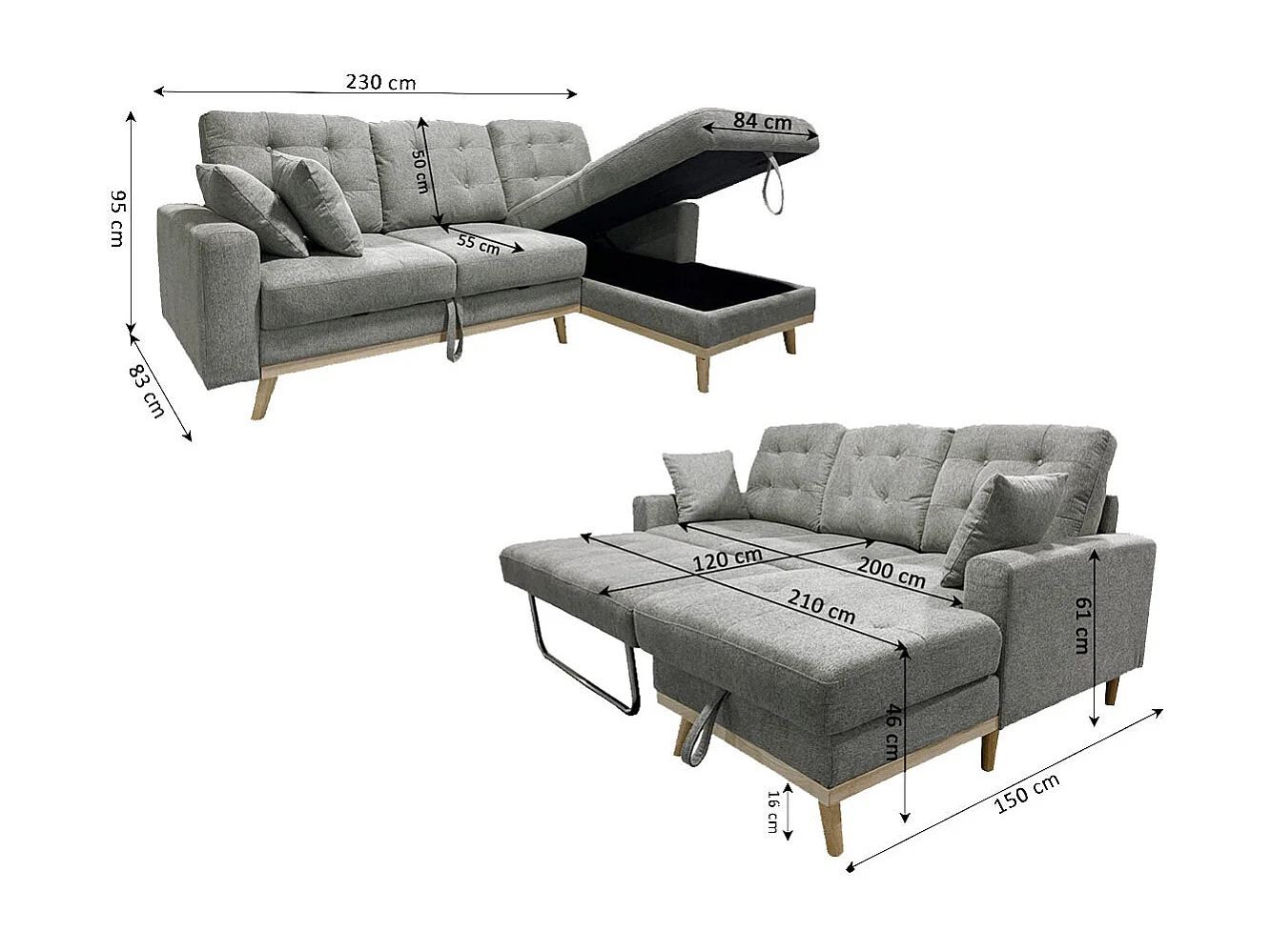 Sofa Cama Chaise Longue Nuria 230cm, Gris, Izquierdo