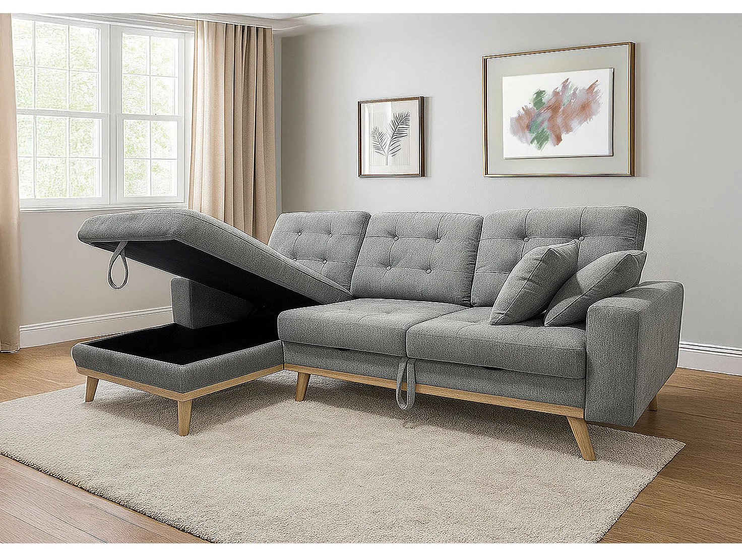 Sofa Cama Chaise Longue Nuria 230cm, Gris, Derecho