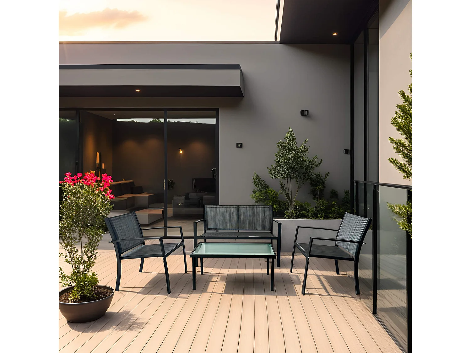 Salotto da Giardino Rebecca Mobili Achiote 75x110x58 Acciaio Poliestere Grigio Scuro Nero Moderno SET 4 pz