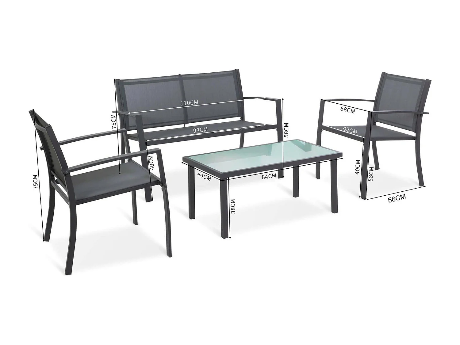 Salotto da Giardino Rebecca Mobili Achiote 75x110x58 Acciaio Poliestere Grigio Scuro Nero Moderno SET 4 pz