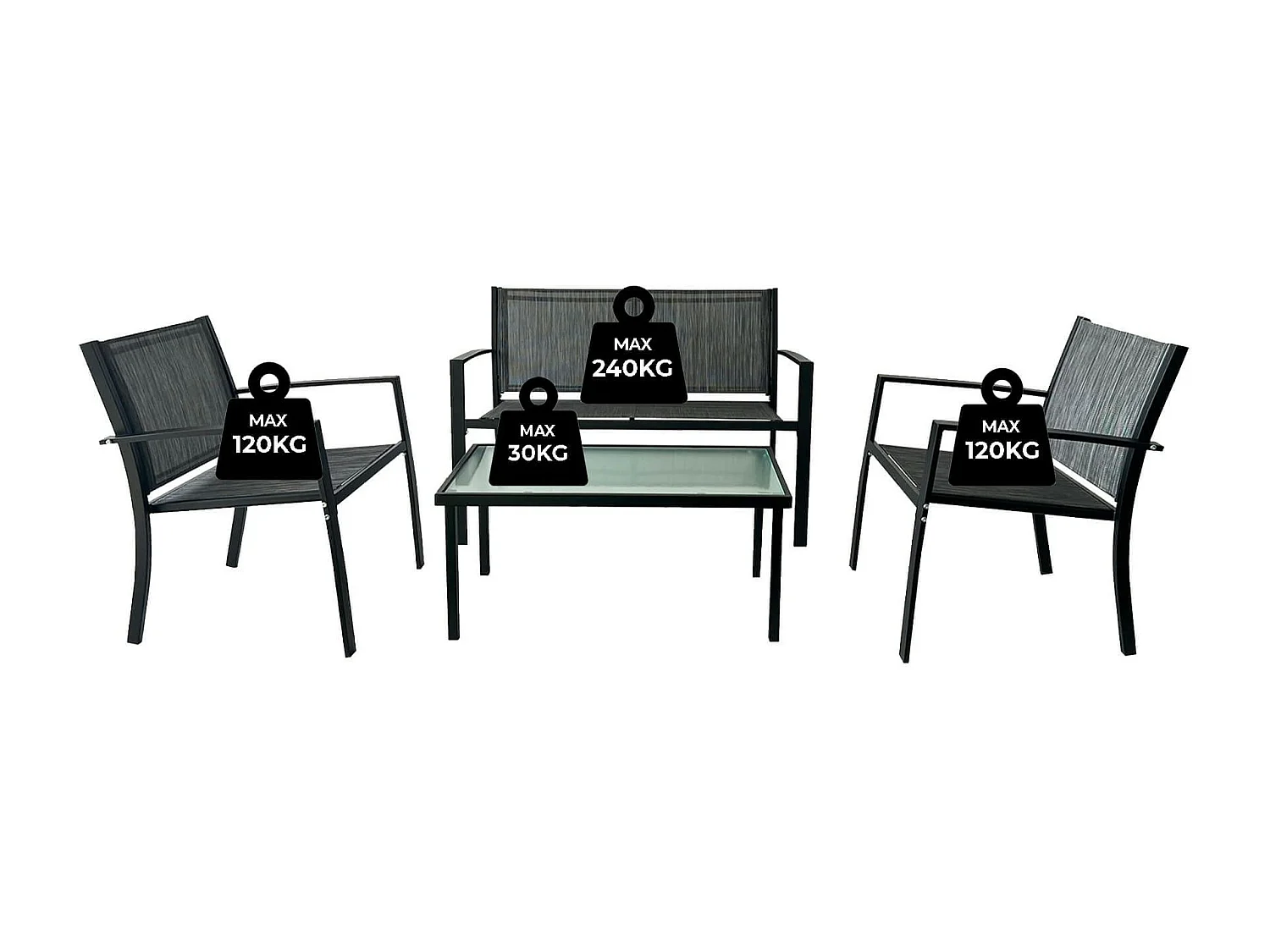 Salotto da Giardino Rebecca Mobili Achiote 75x110x58 Acciaio Poliestere Grigio Scuro Nero Moderno SET 4 pz