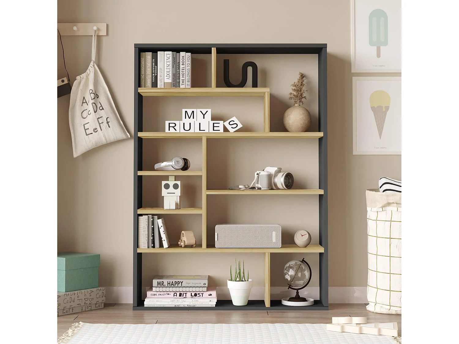Libreria Rebecca Mobili Farako 123,5x90x22 Truciolato Grigio Scuro Rovere Chiaro Moderno