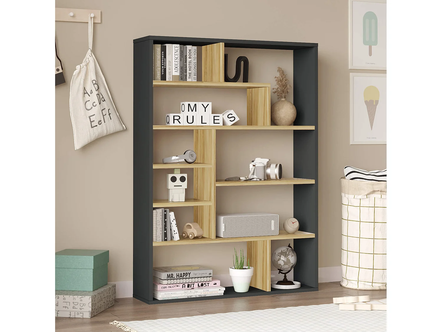 Libreria Rebecca Mobili Farako 123,5x90x22 Truciolato Grigio Scuro Rovere Chiaro Moderno