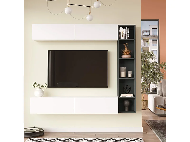 Parete Attrezzata Rebecca Mobili Tamael 143,5x169x26 Truciolato Bianco Grigio Scuro Moderno SET 3 pz