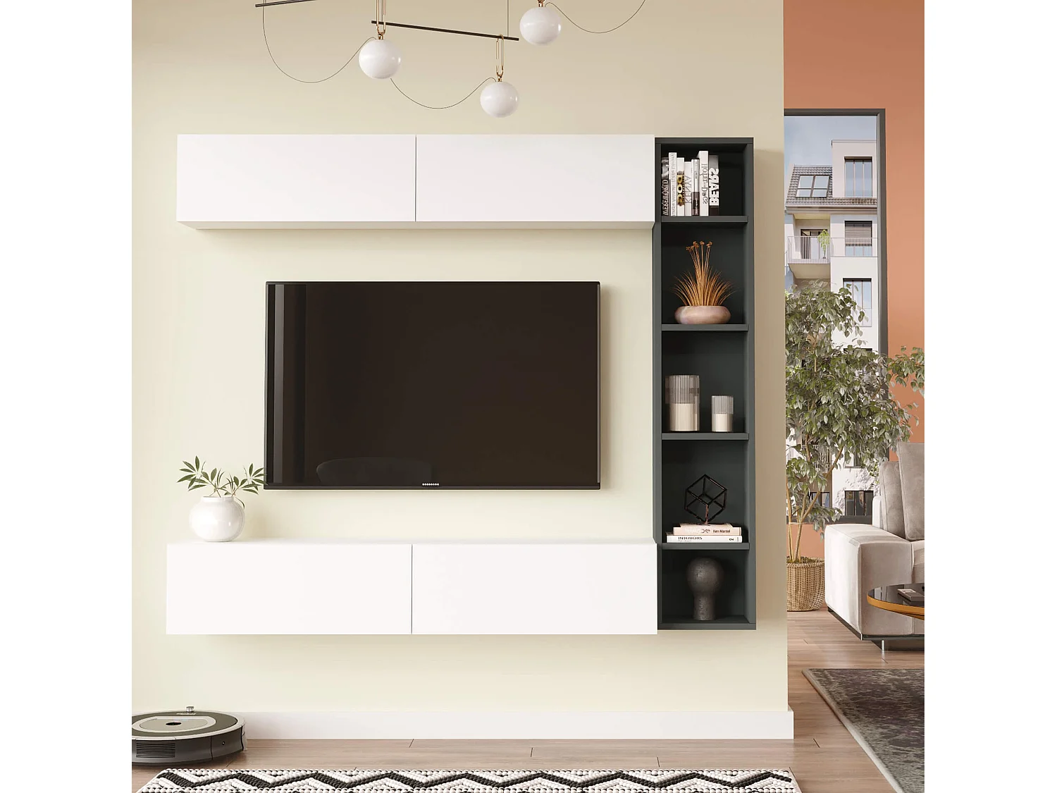 Parete Attrezzata Rebecca Mobili Tamael 143,5x169x26 Truciolato Bianco Grigio Scuro Moderno SET 3 pz