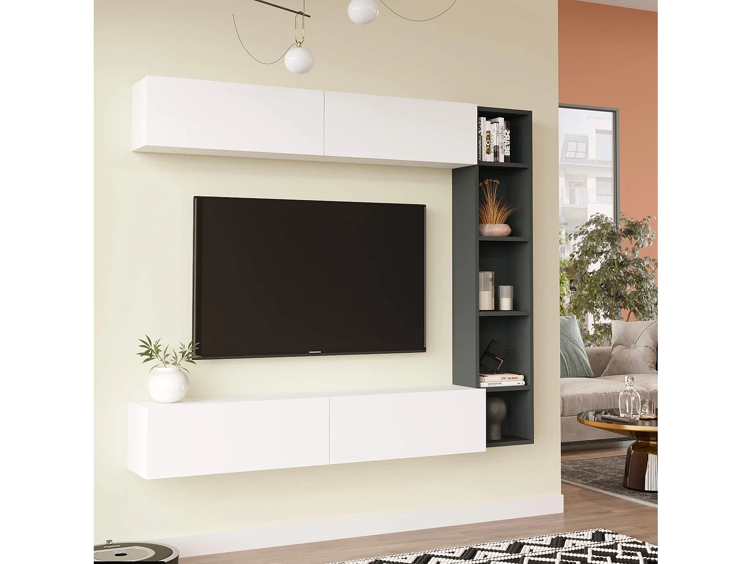 Parete Attrezzata Rebecca Mobili Tamael 143,5x169x26 Truciolato Bianco Grigio Scuro Moderno SET 3 pz