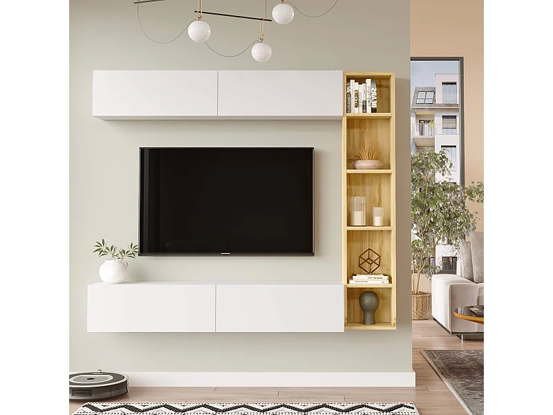 Parete Attrezzata Rebecca Mobili Hilba 143,5x169x26 Truciolato Bianco Rovere Chiaro Moderno SET 3 pz