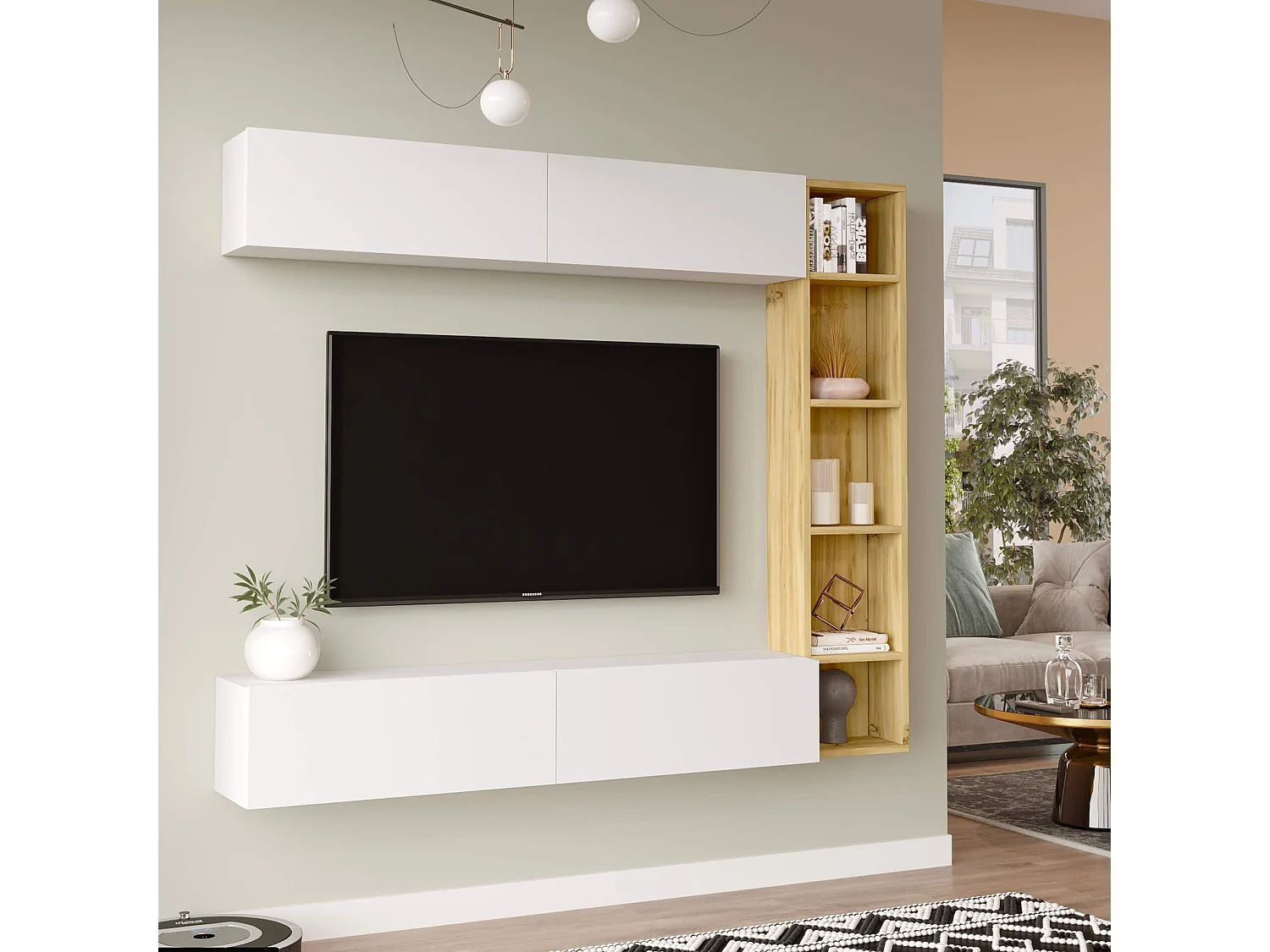 Parete Attrezzata Rebecca Mobili Hilba 143,5x169x26 Truciolato Bianco Rovere Chiaro Moderno SET 3 pz