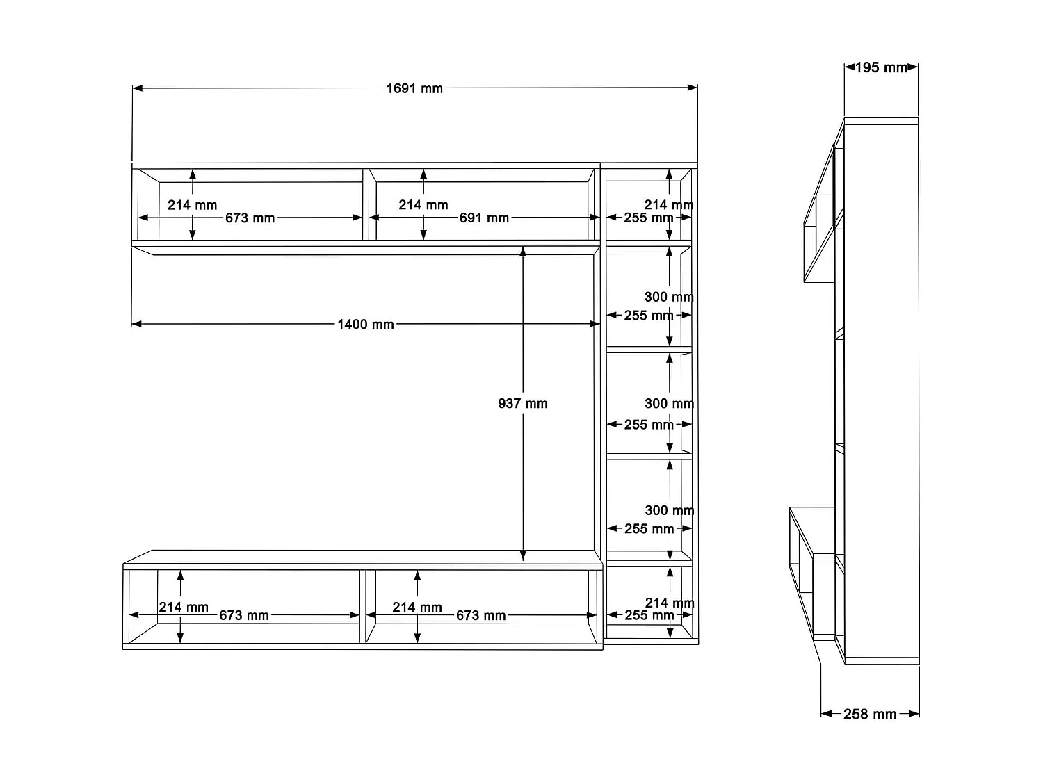 Parete Attrezzata Rebecca Mobili Hilba 143,5x169x26 Truciolato Bianco Rovere Chiaro Moderno SET 3 pz