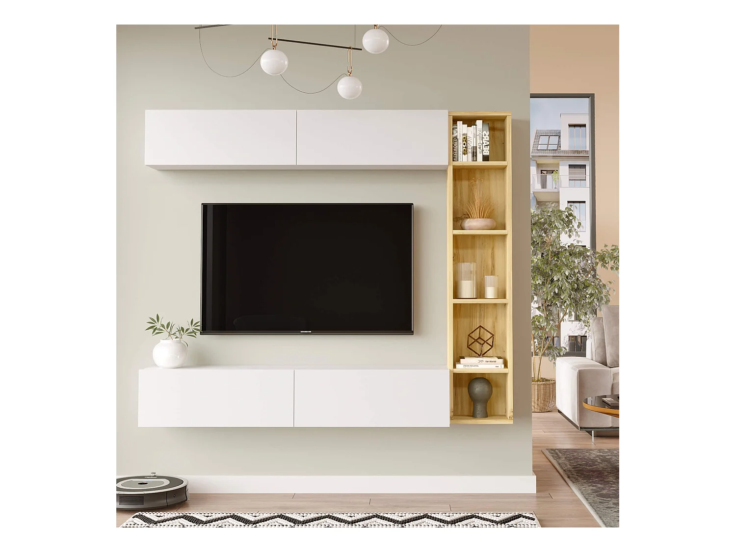 Meuble mural Rebecca Mobili Hilba 143,5x169x26 Panneau de particules Blanc Marron Clair Moderne ENSEMBLE 3 pcs
