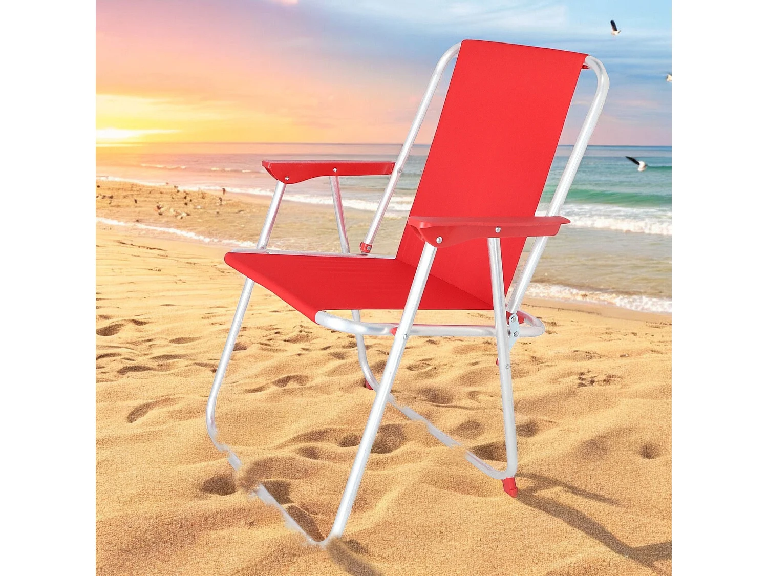 Well Home - Lot de 4 chaises de plage pliantes en métal rouge 44x44x74cm