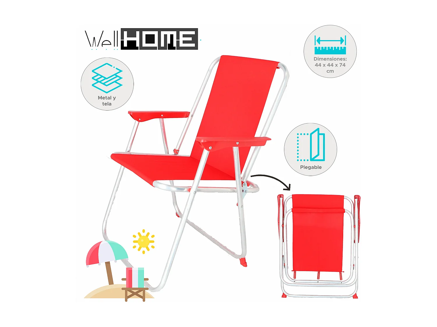 Well Home - Lot de 4 chaises de plage pliantes en métal rouge 44x44x74cm