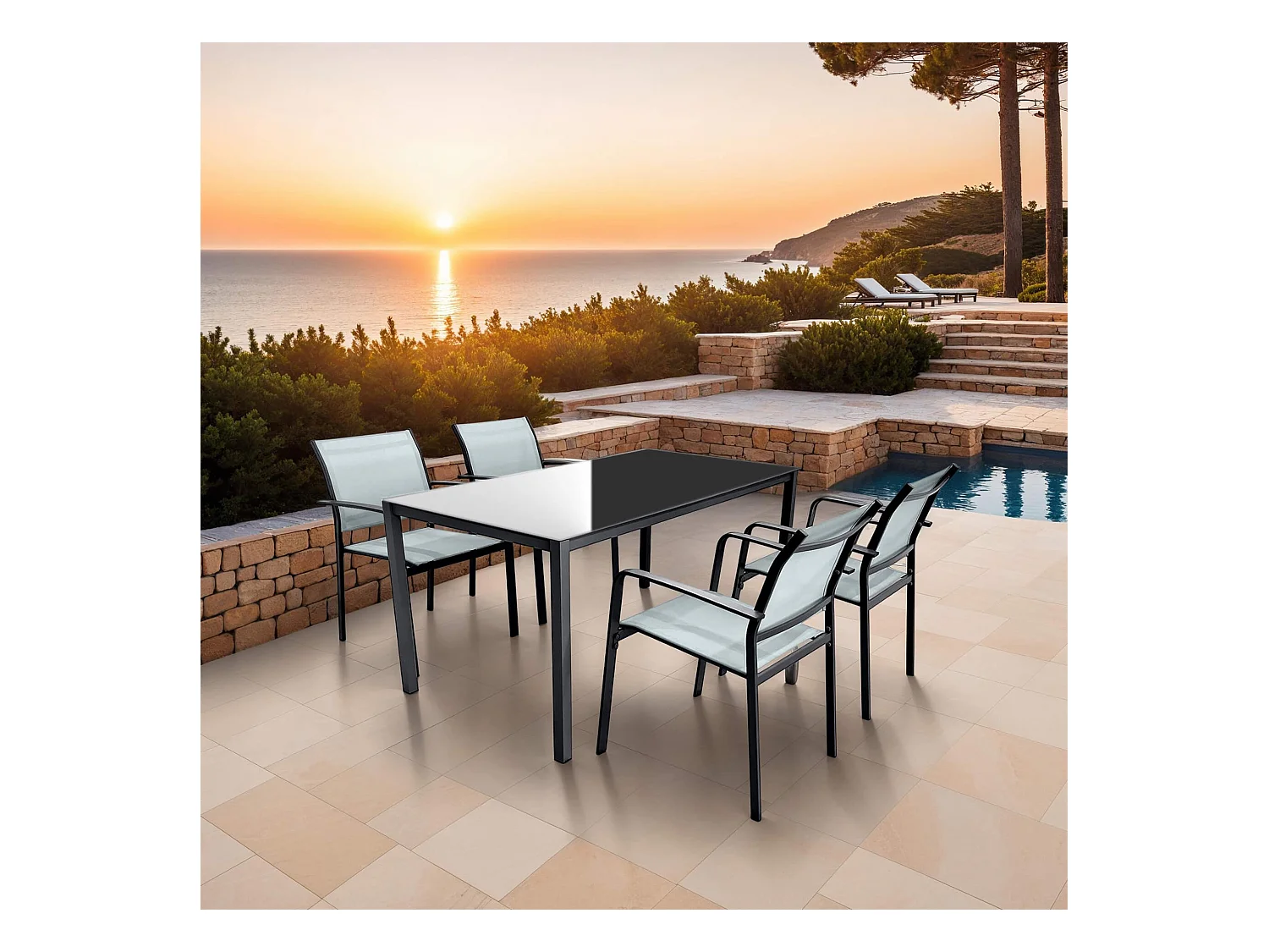 Set da Pranzo da Esterno Rebecca Mobili Akpala 74x150x80 Acciaio Poliestere Grigio Chiaro Antracite Moderno SET 5 pz
