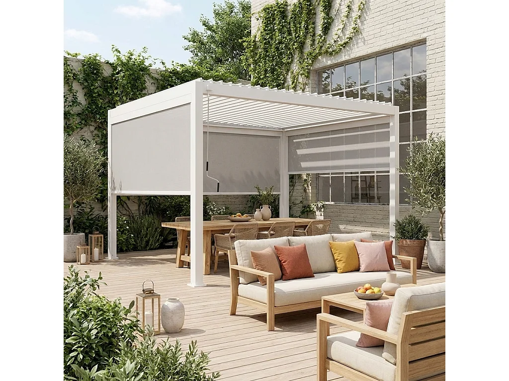 Pergola bioclimatica 3x4m in alluminio + 2 tende da 3m + 1 tenda da 4m