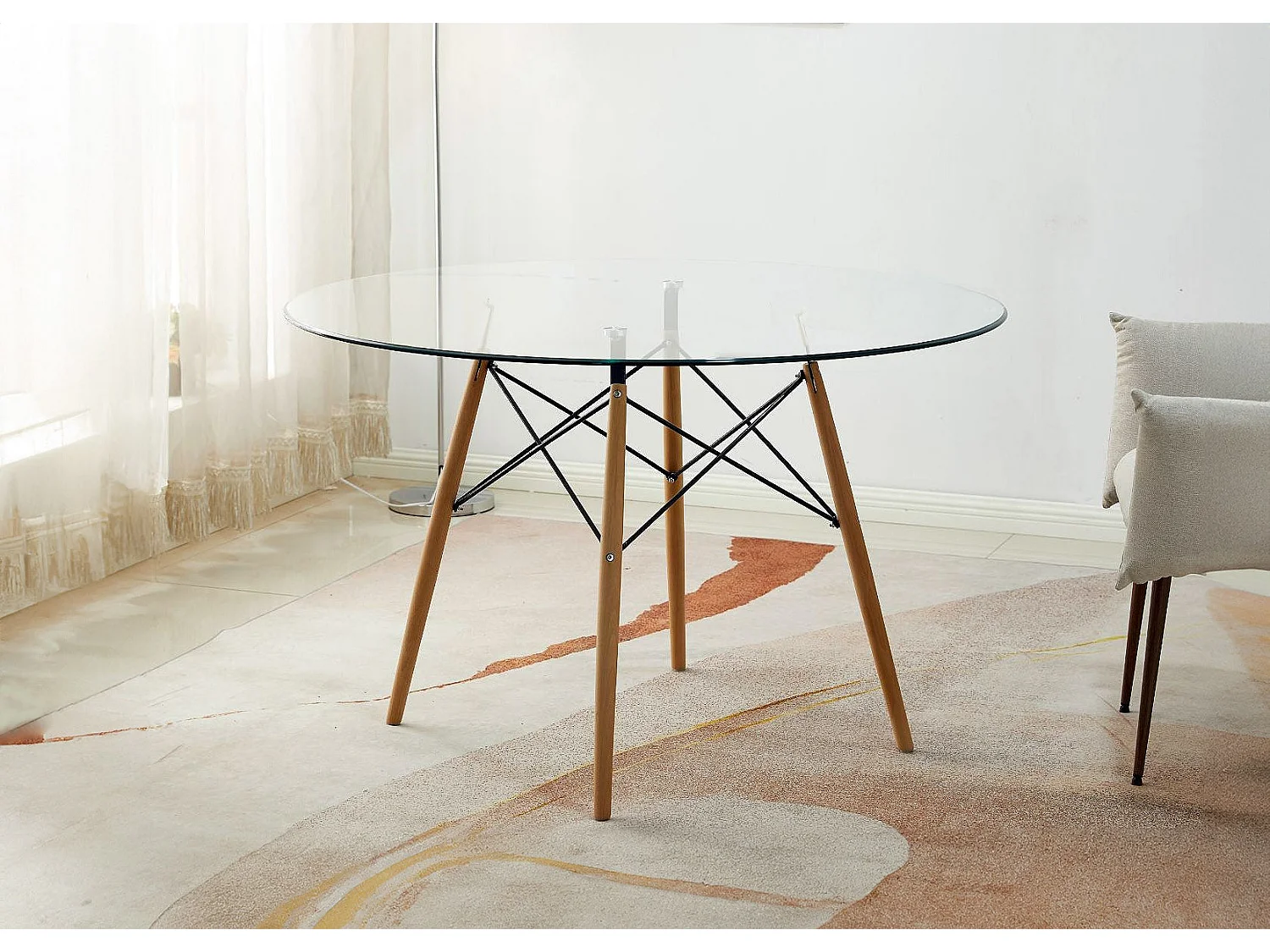 Mesa Redonda em Vidro Temperado Tower de 120 cm. Sala de Jantar ou Cozinha Carvalho