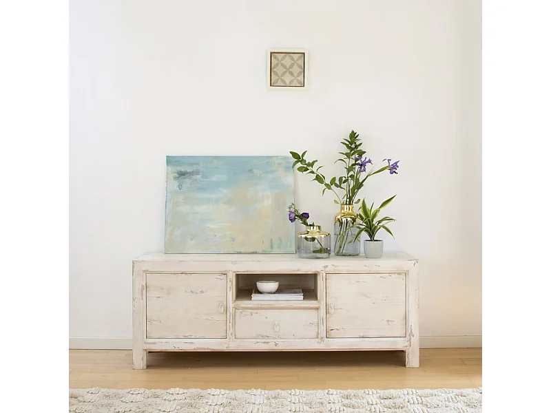 Meuble TV en bois massif blanc 160x60 avec rangement - Soho