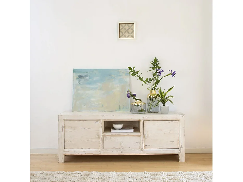 Meuble TV en bois massif blanc 160x60 avec rangement - Soho