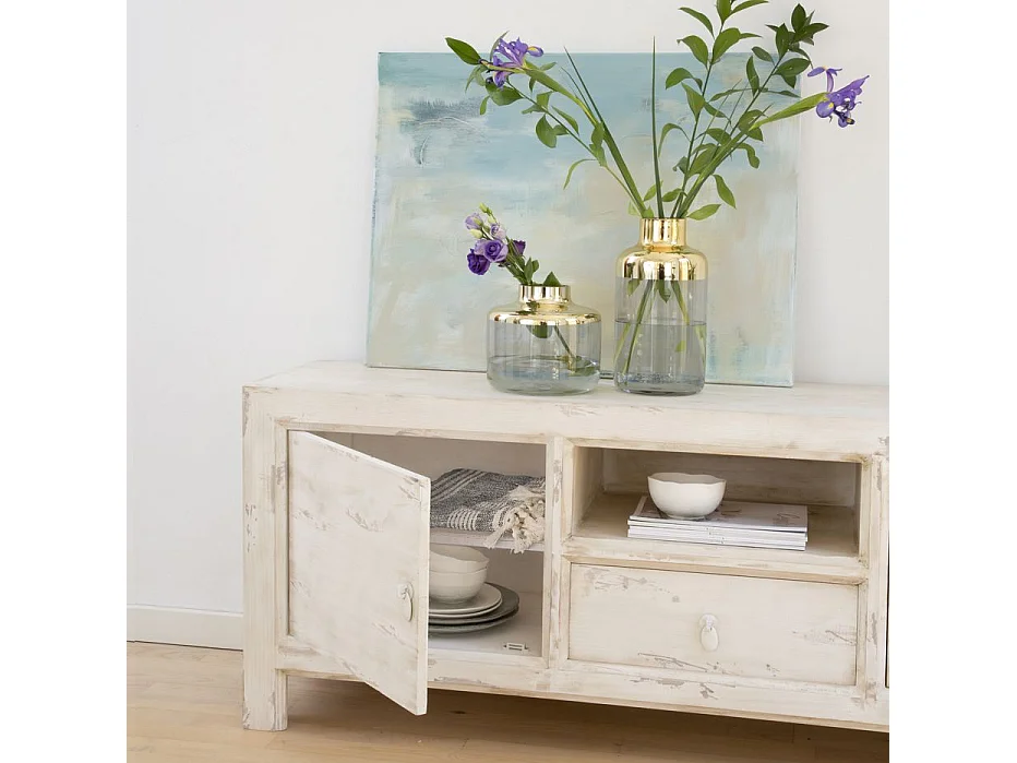 Meuble TV en bois massif blanc 160x60 avec rangement - Soho