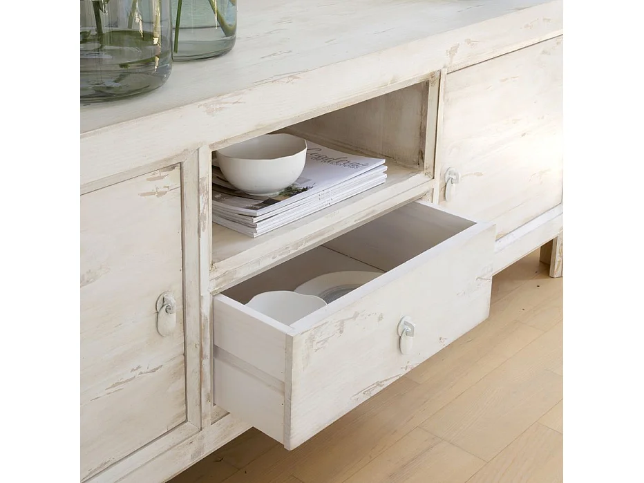 Meuble TV en bois massif blanc 160x60 avec rangement - Soho