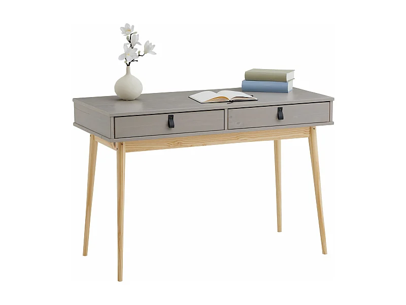 Bureau WANDA en pin massif avec 2 tiroirs lasuré gris et naturel