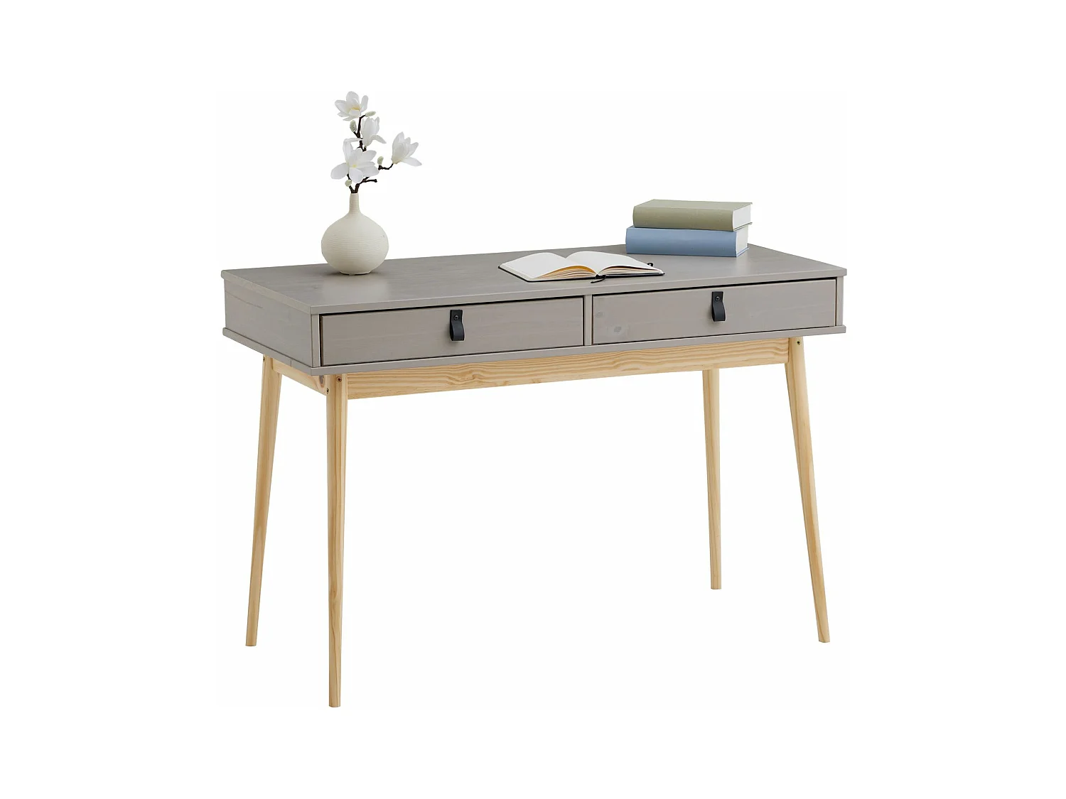 Bureau WANDA en pin massif avec 2 tiroirs lasuré gris et naturel
