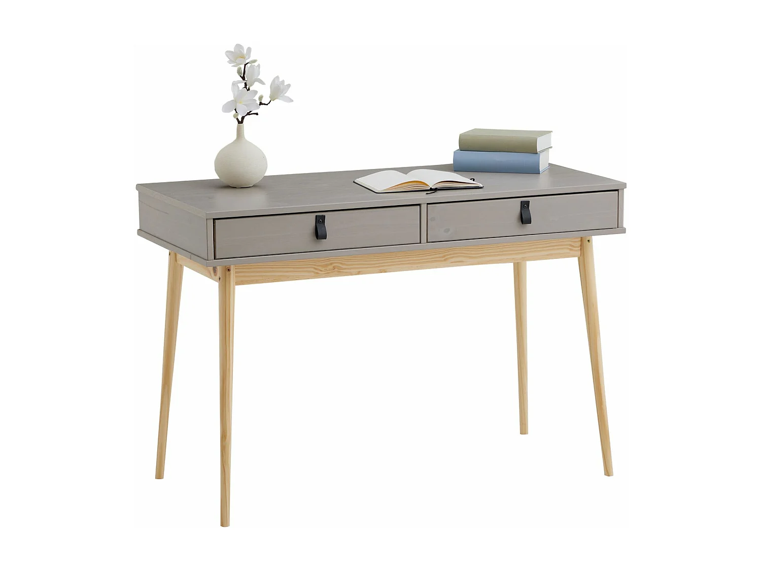 Bureau WANDA en pin massif avec 2 tiroirs lasuré gris et naturel