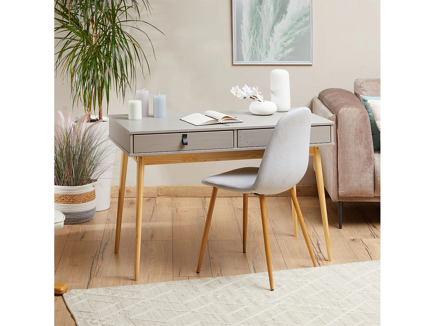 Bureau WANDA en pin massif avec 2 tiroirs lasuré gris et naturel