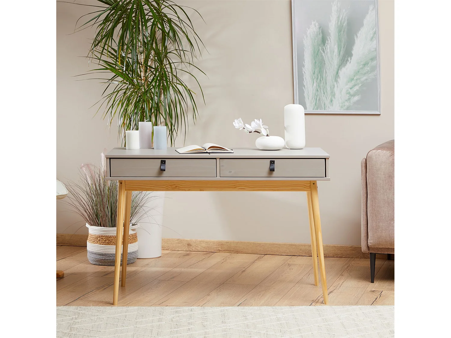 Bureau WANDA en pin massif avec 2 tiroirs lasuré gris et naturel