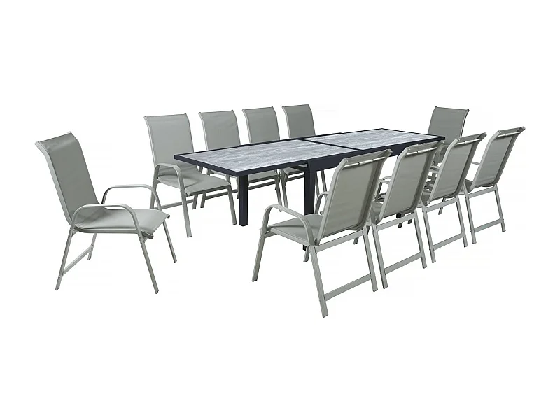 Salon de jardin repas en aluminium extensible "Lagos" - 140/280 x 90 x 76 cm - 10 places - Gris clair