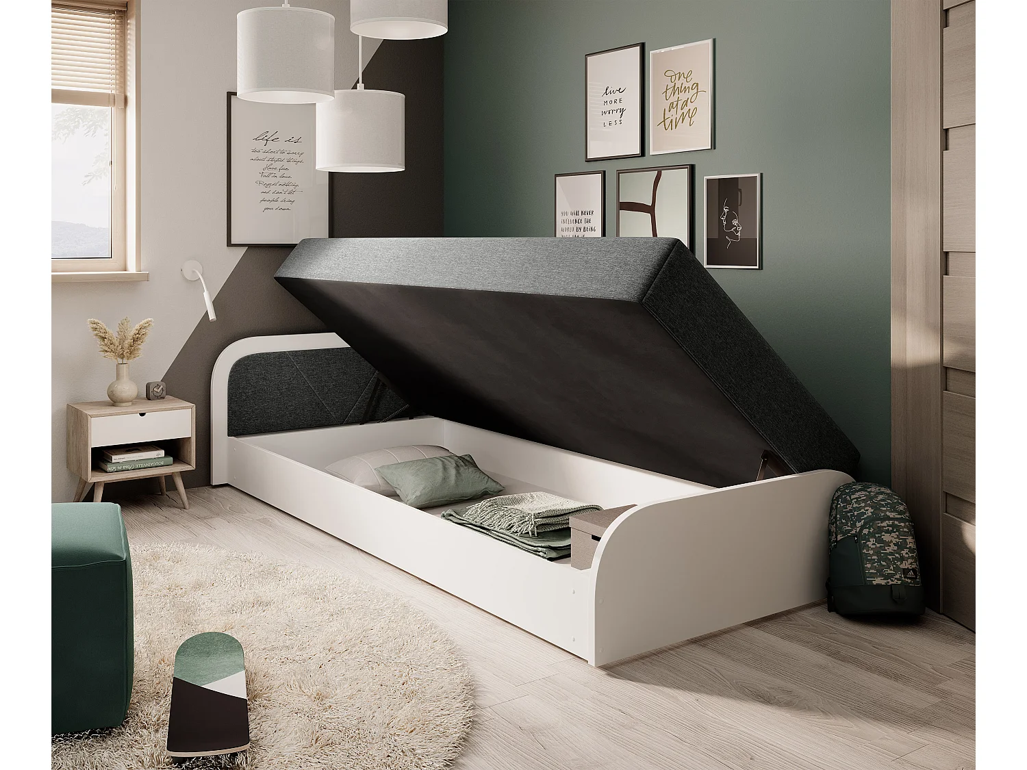 Lit 1 place avec coffre de rangement Parko – Confort et Praticité-Couleur Blanc/Gris chiné-Modéle Coté droit