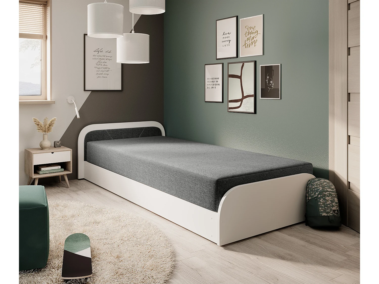 Lit 1 place avec coffre de rangement Parko – Confort et Praticité-Couleur Blanc/Gris chiné-Modéle Coté droit