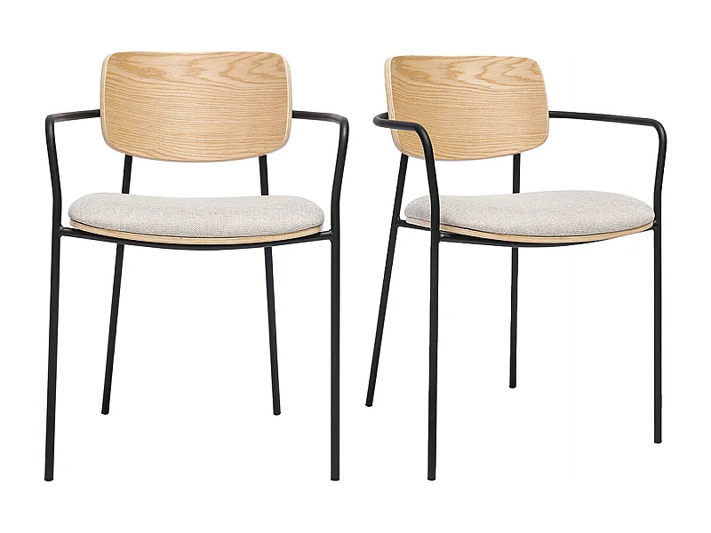 Sillas de madera clara roble, tela de terciopelo beige texturizado y metal negro (juego de 2) SUSAN
