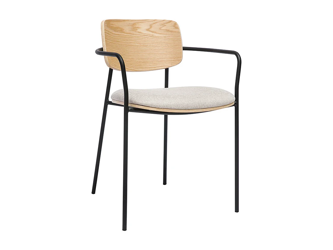 Sillas de madera clara roble, tela de terciopelo beige texturizado y metal negro (juego de 2) SUSAN