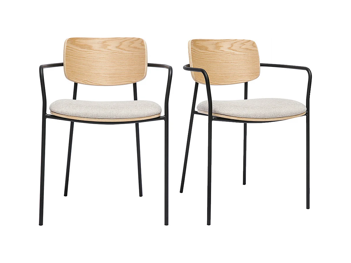 Chaises en bois clair chêne, tissu effet velours texturé beige et métal noir (lot de 2) SUSAN