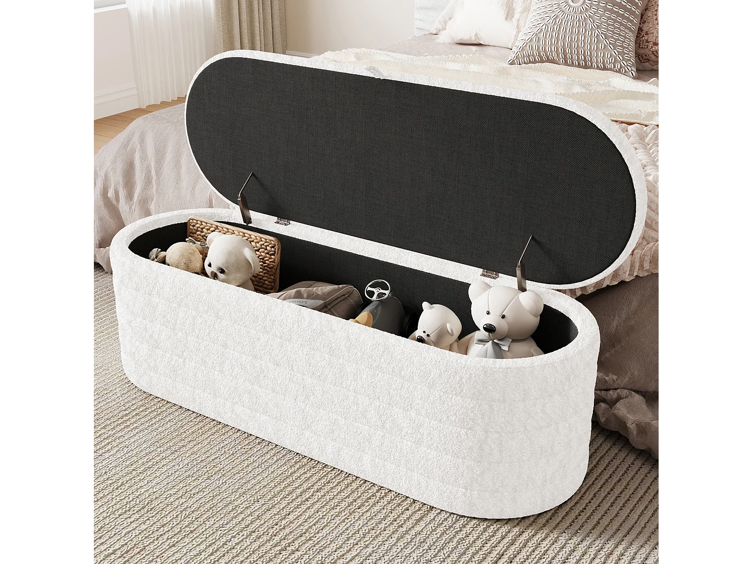 Banc coffre de rangement en Flanelle - 120 x 40 x 40 cm - Blanc